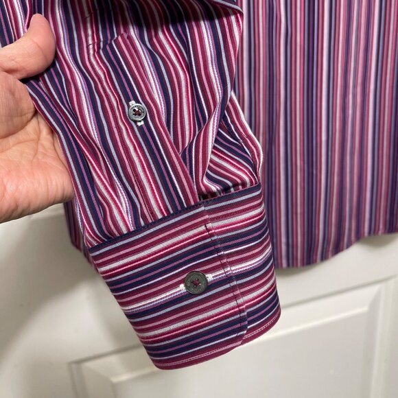 Bugatchi Mens Striped Button-Up Shirt In Shaped Fit Purple/Red XL - Picture 9 of 11